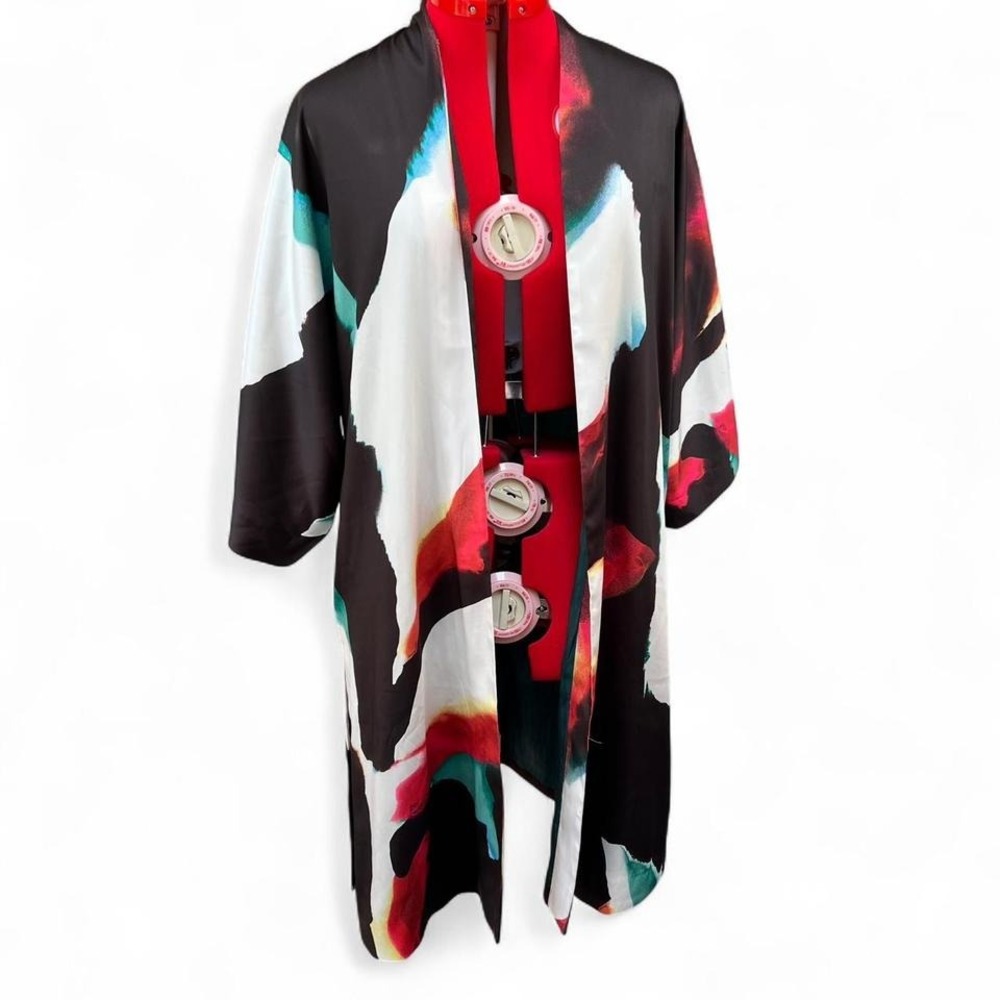 Chicos Black Multicolor Abstract Print Kimono Jacket Wide Sleeves Pockets S/M